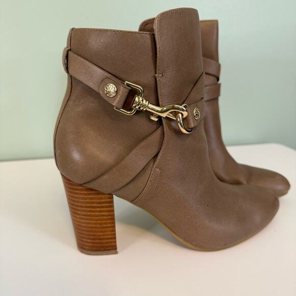 Isola Colleen Ankle Moto Boots Women 7.5 Brown Harness Leather Almond Block Heel - Picture 3 of 11